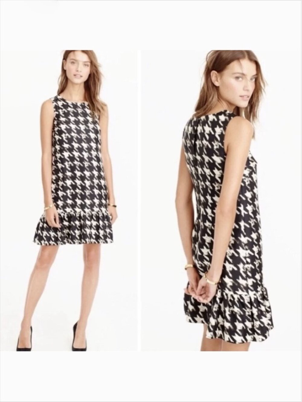 J. Crew Womens Silk Houndstooth Print Mini Dress Size 12 Sleeveless Ruffle F8207